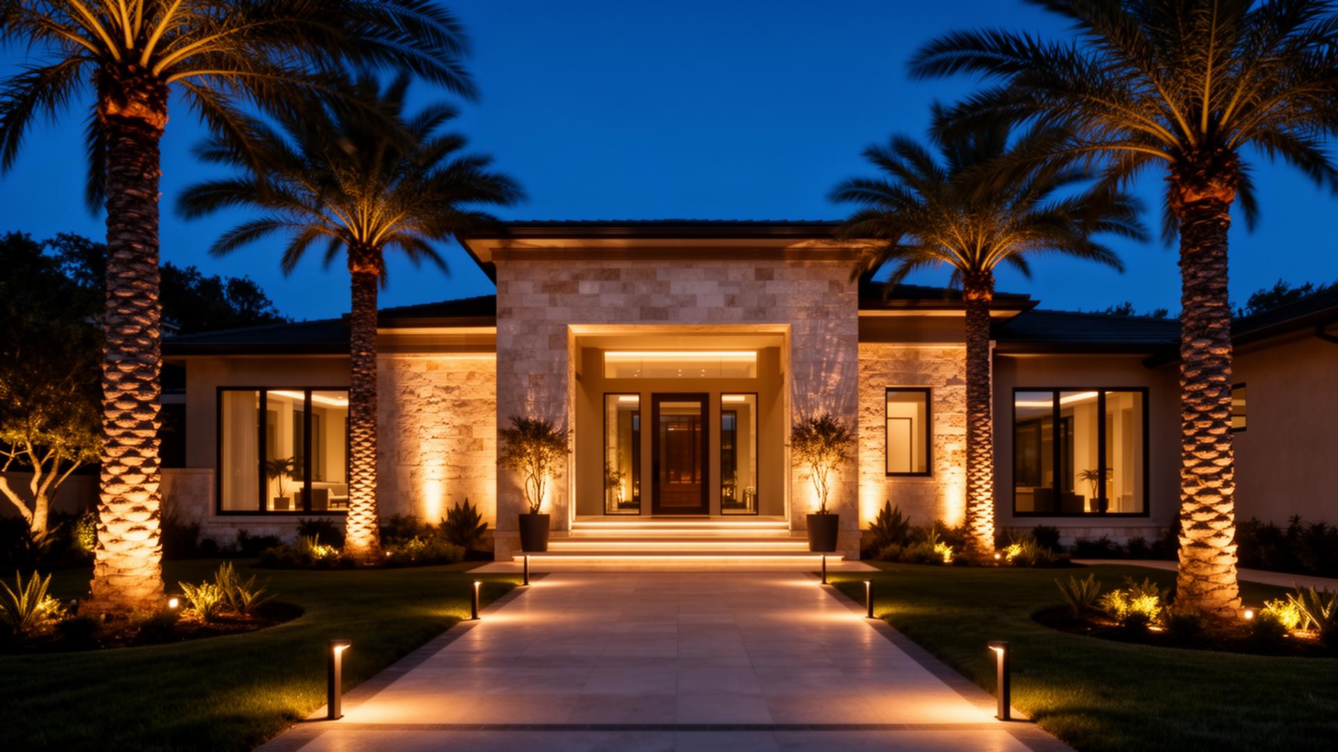 Luxury home with professional landscape lighting at twilight
